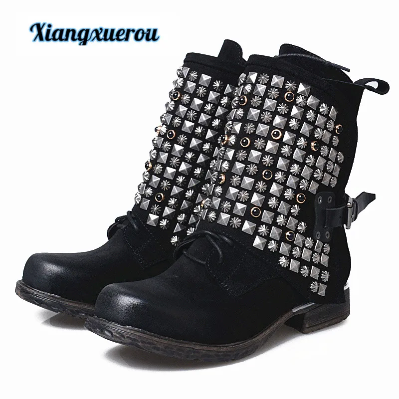 

Xiangxuerou European and American wind ground calfskin leather boots of 2018 flat thick bottom casual rivet rider boots