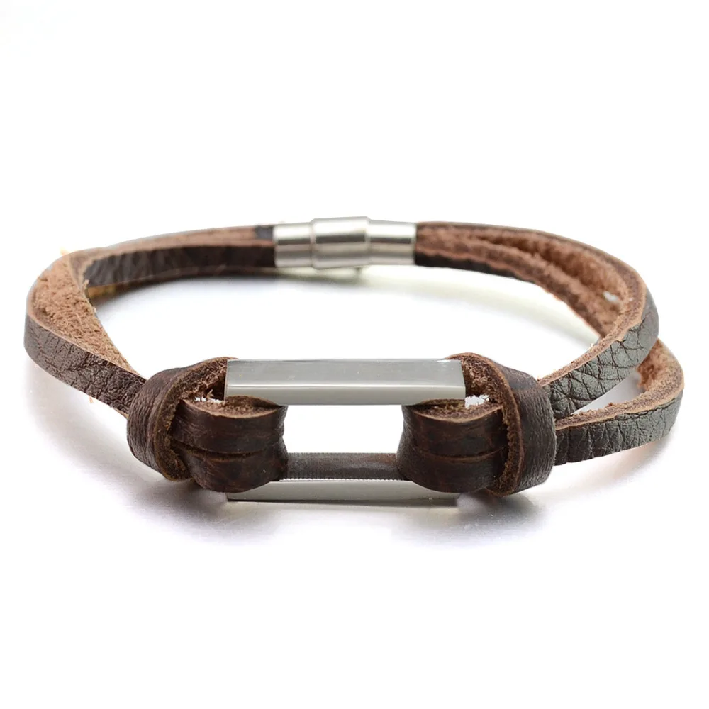 Men's Black Brown Full Grain Leather Wristband Bracelet with Stainless