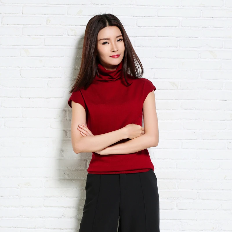 

2019 Spring And Summer New Pattern Fashion Ladies Knitted Cashmere Vest Solid Color Turtleneck Collar Sleeveless Tops & Tees