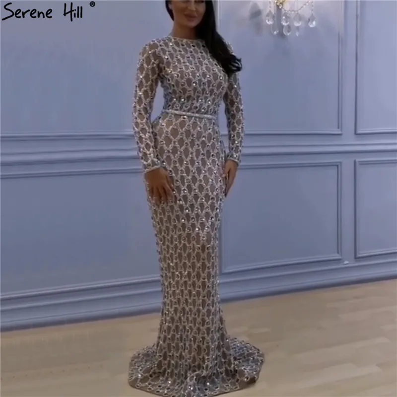 

Muslim Long Sleeves Nude Silver Prom Dresses 2019 Latest Design O-Neck Diamond Luxury Prom Gowns BLA60977