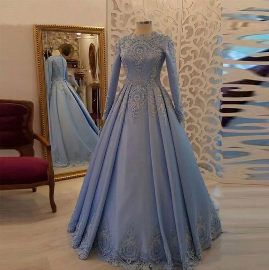 Синий мусульманские Вечерние платья трапециевидной формы одежда с длинным рукавом кружевные Сатиновые платья Исламская Дубай саудовско-Аравийский Длинное Элегантное Формальное вечернее платье