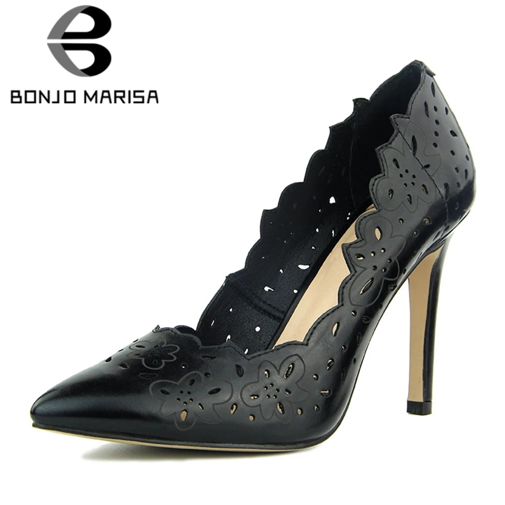 

BONJOMARISA New Fashion Big Size 34-42 Black Hollow Pointed Toe Shallow Slip On Shoes Woman Casual Party Spring Autumn Pumps