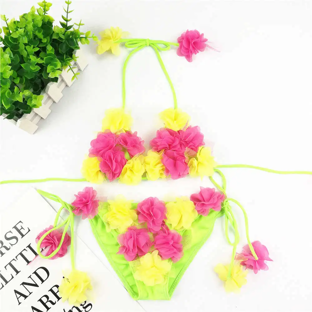 

Handmade Floral Bikini For Girls Candy Color Children Swimwear 3-14 Year Kids Two Piece Swimsuit Child Lace Flowear Bathing Suit