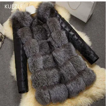 

Tops S-4XL Fashion Winter Coat Women Thick Faux Fox Fur Coat with PU sleeve Female Fake Fur Jacket gilet chalecos de pelo mujer