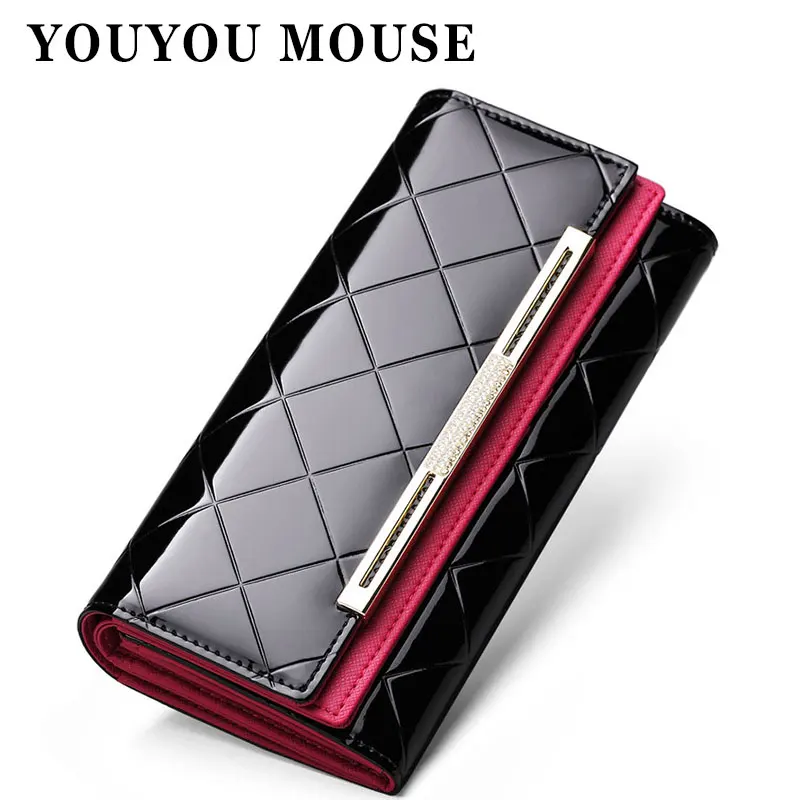 

YOUYOU MOUSE Genuine Leather Women Wallet Fashion Quilted Long Purse Hit color Lady Cowhide Clutch Zip Coin Pocket Card Holder