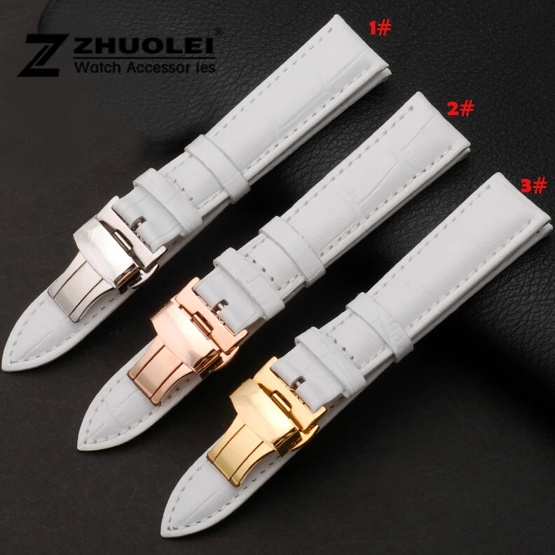 

14mm 16mm 18mm 20mm 22mm Rose Gold Watch buckle Genuine Leather Watchband Wristwatches Strap Band White color for Women watches