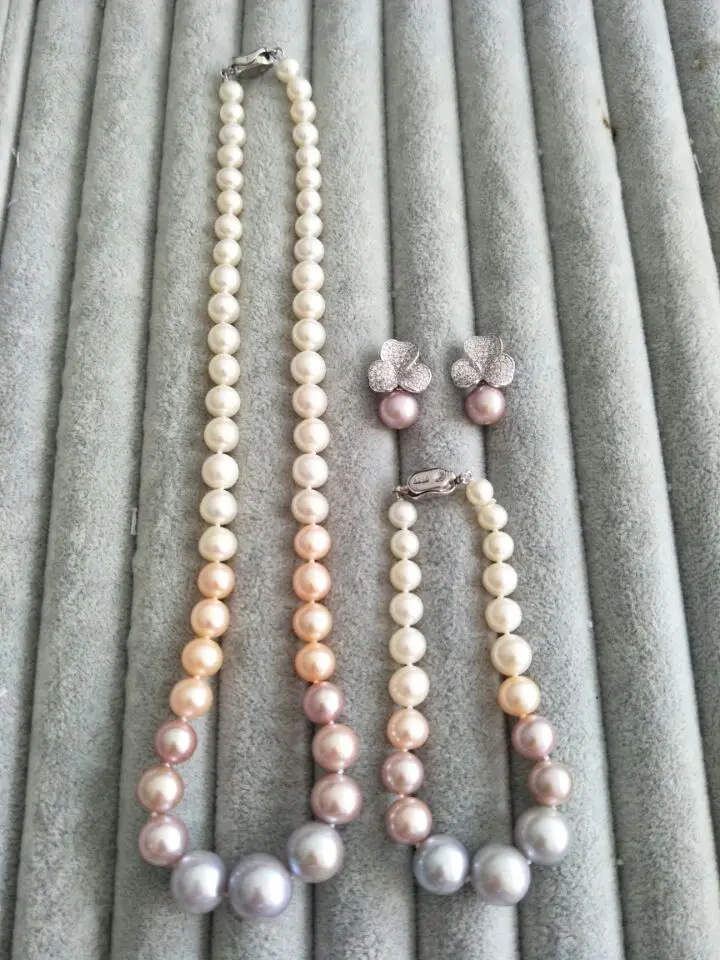 

MeiBaPJ 925 Sterling Silver 7-12 Nearround Pearl Gradient Jewelry Set Necklace Bracelet and Earrings Three-piece Suite for Women