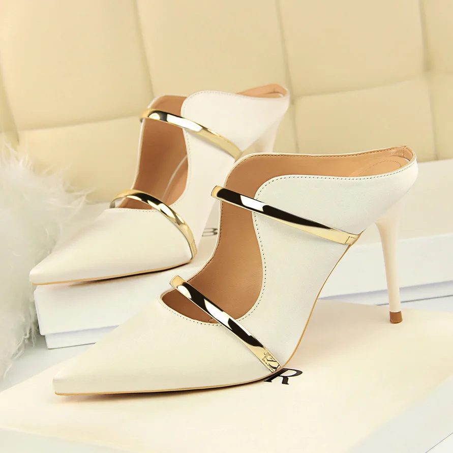 Женские летние блестящие сандалии на высоком каблуке 9 см; женские блестящие туфли без задника с ремешком на пятке; Серебристые туфли-лодочки; женская обувь; цвет золотой, розовый; Свадебная обувь - Цвет: Silk