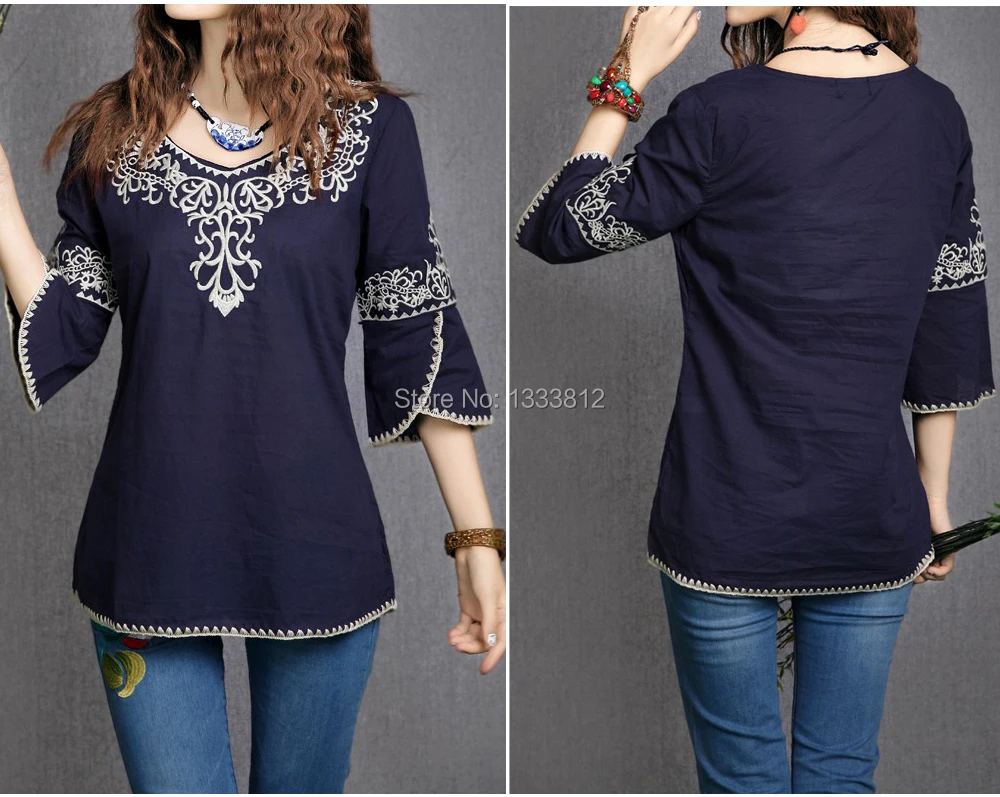 

2019 Hot Sale Summer Ethnic Women Blouse Embroidered round collar Boho Gypsy blouse 7 minutes of sleeve Shirts Free Shipping