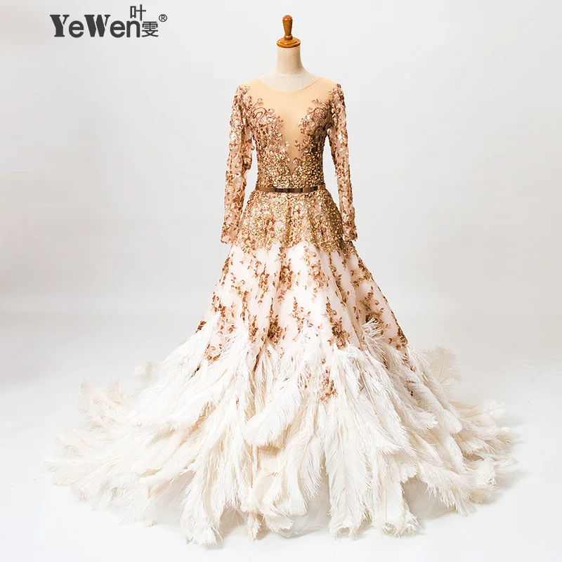 Страусиные перья бургуди золото с длинным рукавом V шеи блестками свадебные платья вечернее официальное платье Vestidos De Novia - Цвет: gold