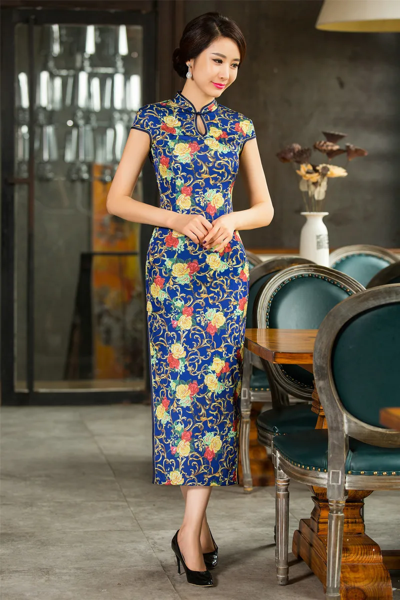 Брендовые новые синие китайские Женские Длинные атласные Cheongsam летние горячие продажи Qipao Цветочные Повседневные платья Размер S M L XL XXL 020809