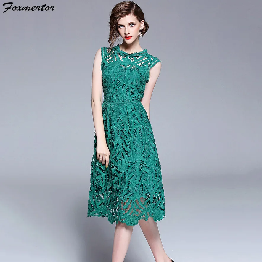Feing Summer Casual Womens Sleeveless Solid Color Lace Ankle-Length Dress Lace Fashion Vestidos
