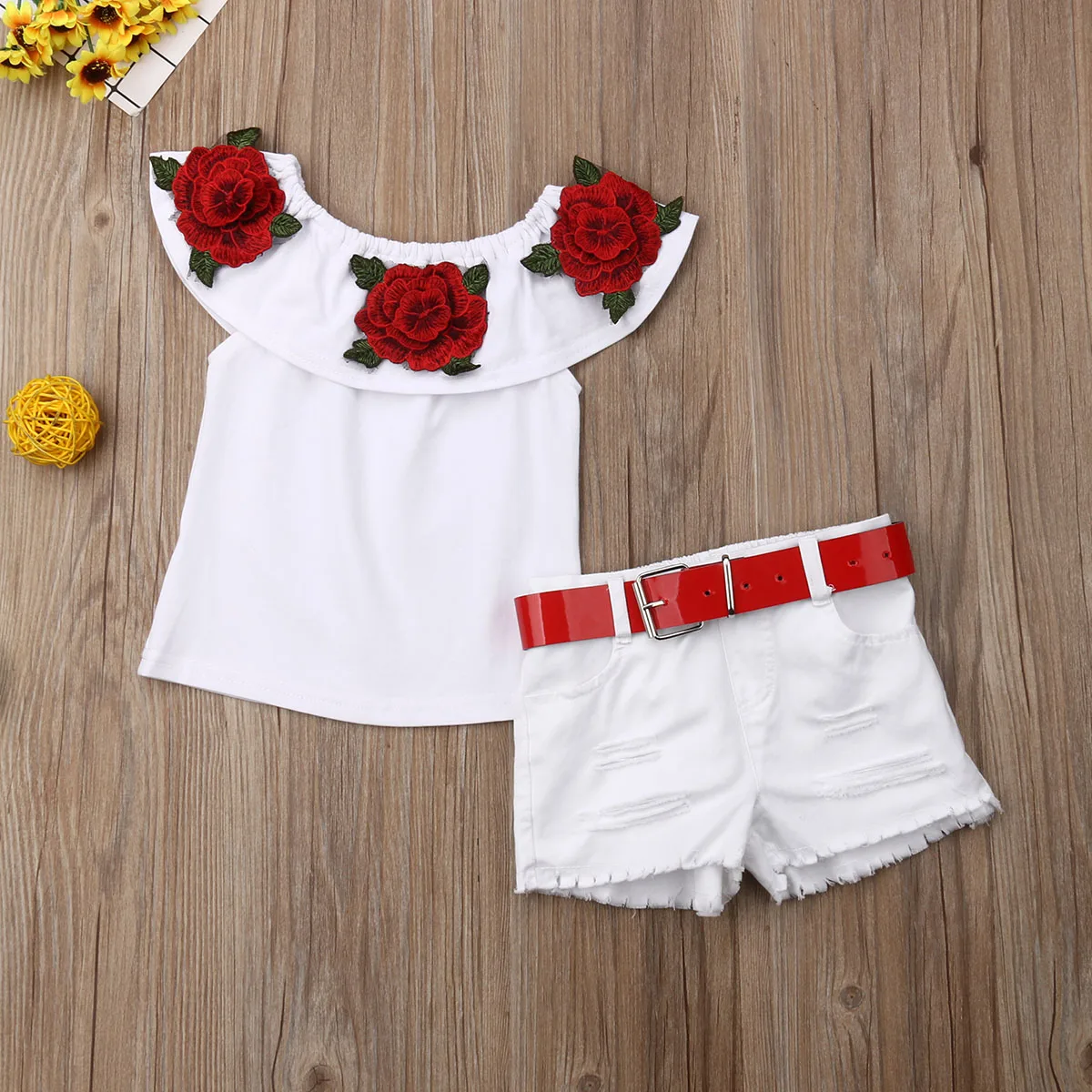 1-7Y Infant Kids Baby Girl Clothes Sets Off Shoulder 3D Rose Flower Cotton Top Skirt Outfit Set
