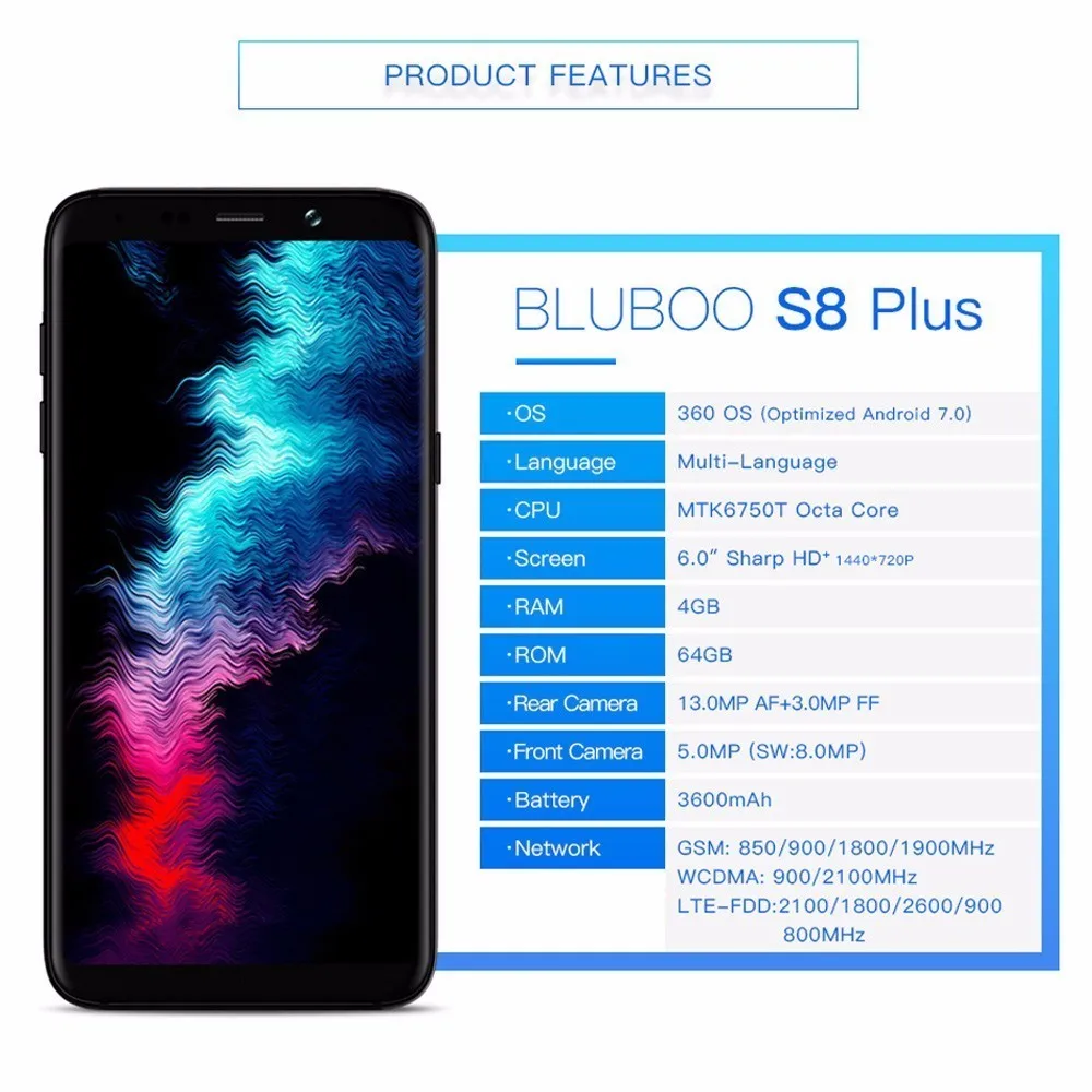 BLUBOO S8 плюс 6 0 'ཎ: 9 Полный Экран мобильного телефона Android 7 Octa Core MTK6750T 4G 360 OS
