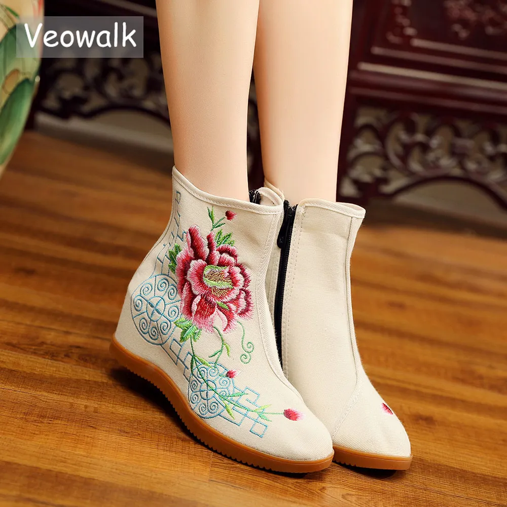 

Veowalk Vintage Flower Embroidered Women Canvas Boots Hidden Wedge Heel Ladies Platforms Shoes Comfort Booties boats mujer