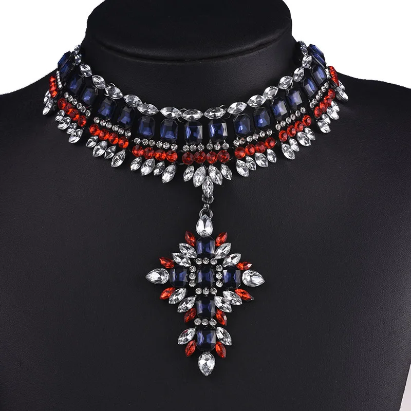 

Multicolored Maxi Tribal Luxury Rhinestone Marquise Stone Necklace For Women Multilayer Big Red Crystal Collar Choker Necklaces