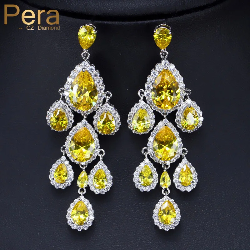 

Pera Luxury Dangle Chandelier Shape Ear Jewelry Accessories Big Yellow Water Drop Crystal Stone Pave Long Earring For Women E258