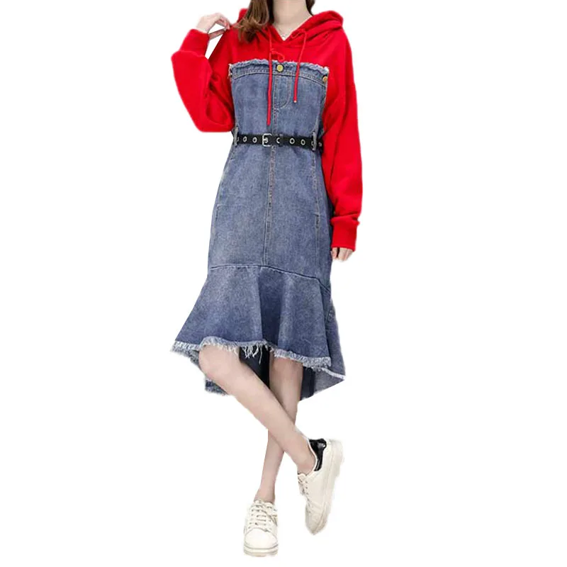 

Large size Denim Dress 2019 Spring Autumn New Fashion Women Cowboy Hooded Dress Fake two-piece Female Mermaid Dress JIA176