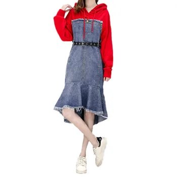 

Large size Denim Dress 2020 Spring Autumn New Fashion Women Cowboy Hooded Dress Fake two-piece Female Mermaid Dress JIA176