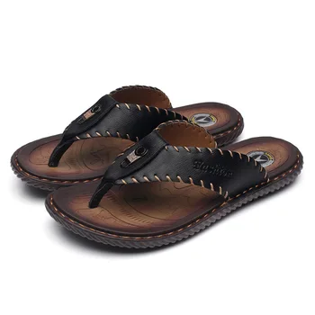 

Men Genuine Leather Beach Slippers Designer Flip Flops Mens Sandal Brands Summer Breathable Comfortable Non-slip Slippers Slides