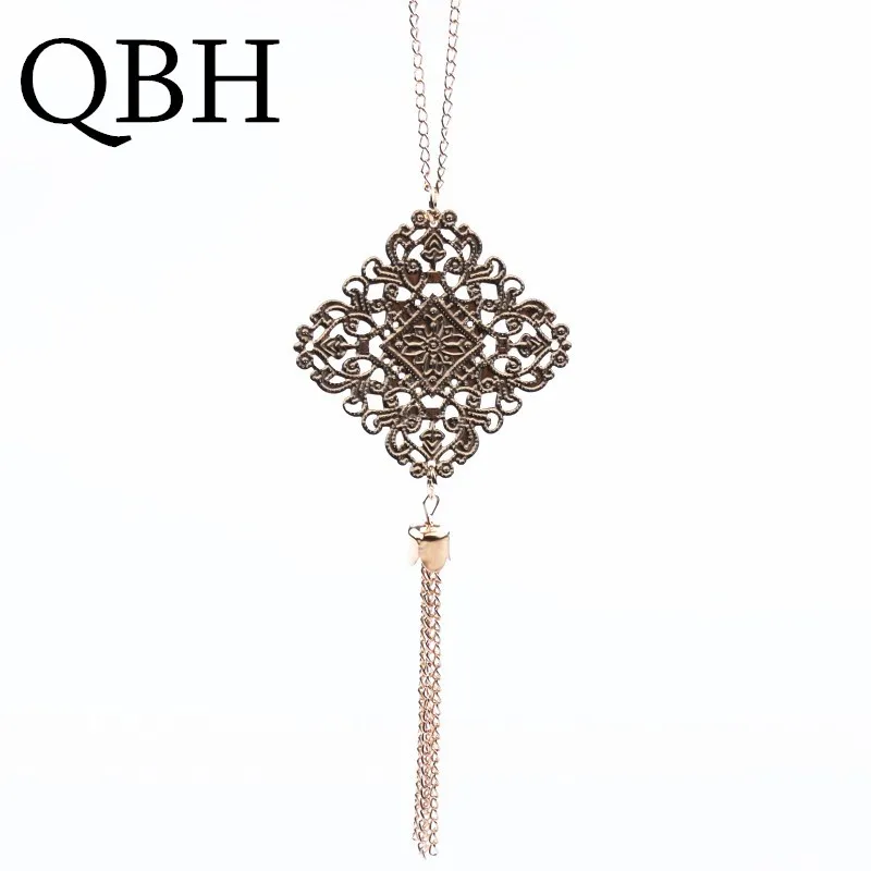 

NK327 New Bohemia Simple Chain Long Tassel Hollow Square Flower Pendant Clavicle Necklaces For Women Jewelry Gift Girl Collier