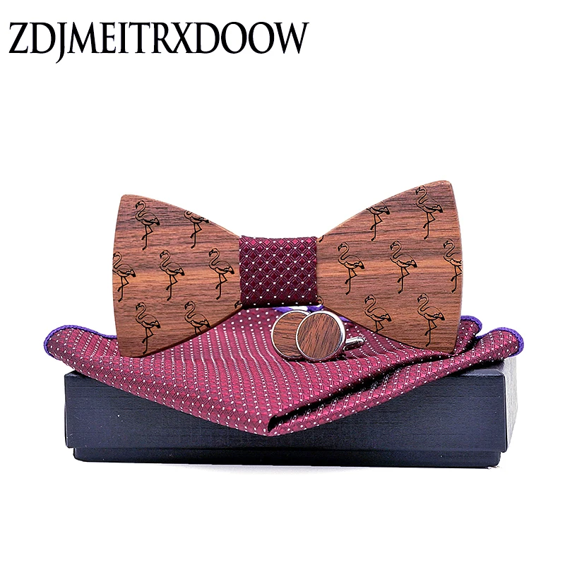  Wooden Bow Tie Set for Mens Wood Bowties Handkerchief Cufflinks helloween Set Gravatas Wedding flam