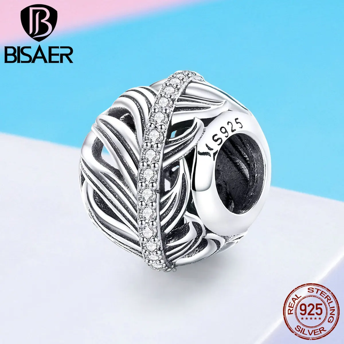 

BISAER 925 Sterling Silver Round Beads Vintage Feather Charm fit Original WomenSilver Charm Bracelet Fashion Jewelry GXC1065