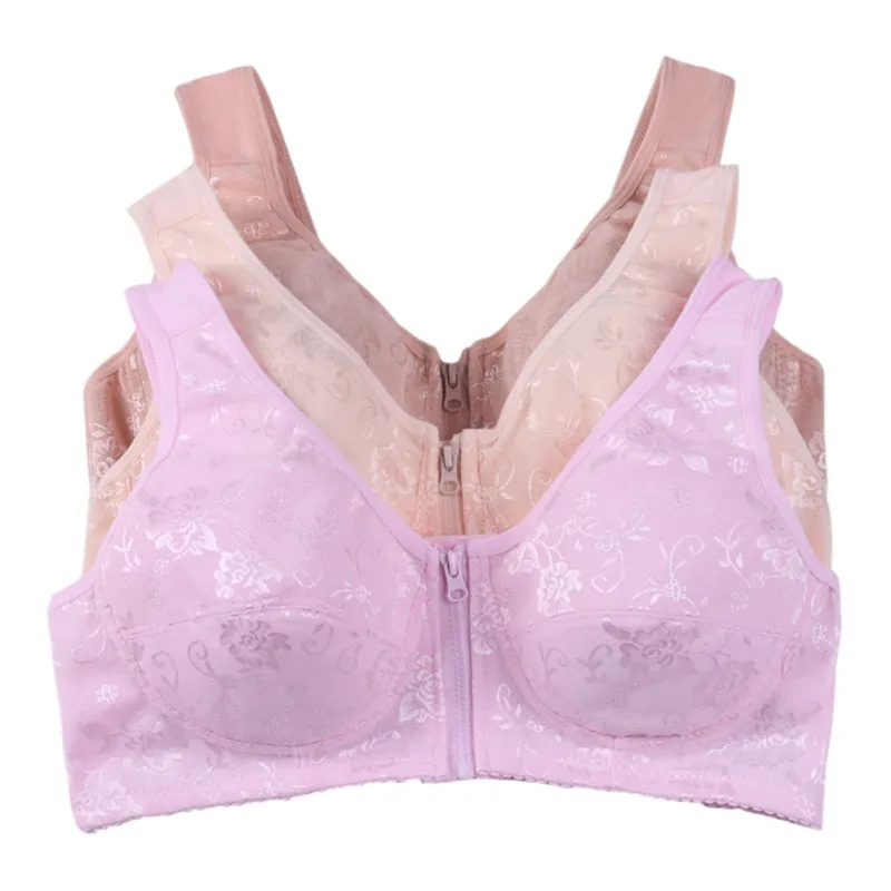 

Women Sexy Lace Front Zippers Closure Bras Push Up Ladies Brassieres Widened Straps Wireless Bras Full B Cup