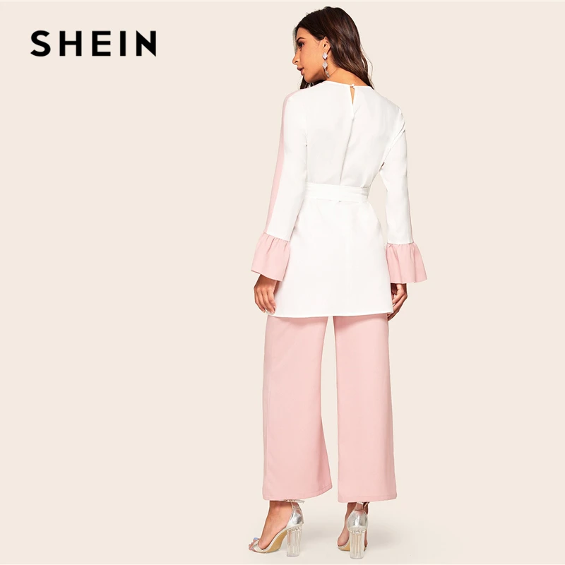 Комплект из двух предметов SHEIN элегантный Двухцветный Топ с поясом и брюки