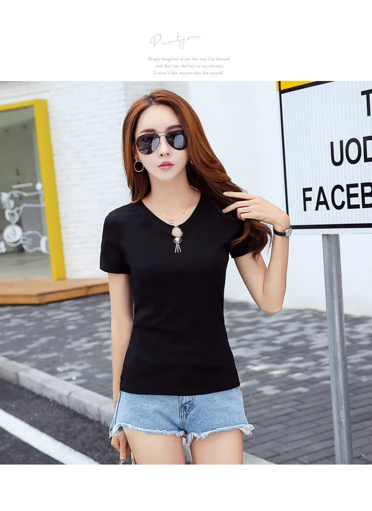 Summer T-shirts For Women 2018 Korean Fashion Tops Tees Female Hole V-neck Tshirt Lady Casual Short Sleeve Poleras Mujer  (8)