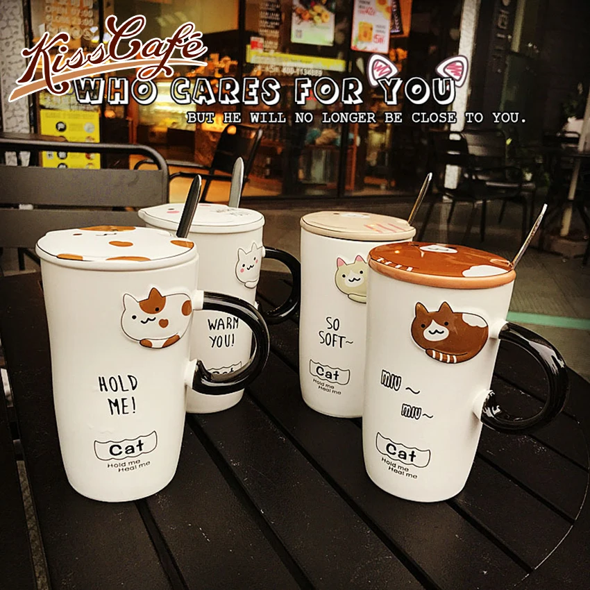 cheap Creative Cartoon Cat Ceramic Coffee Tea Cup Heat Resistant Embossed Cute Animal Milk Mug 450ml With Lid Handle Spoon Office Gift