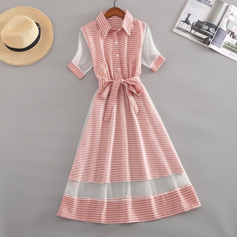 

Harajuku Japanese Midi Shirt Dress Women Fashion Mesh Patchwork Slim Short Sleeve Sweet Bandage Female Tulle Dresses With Belt