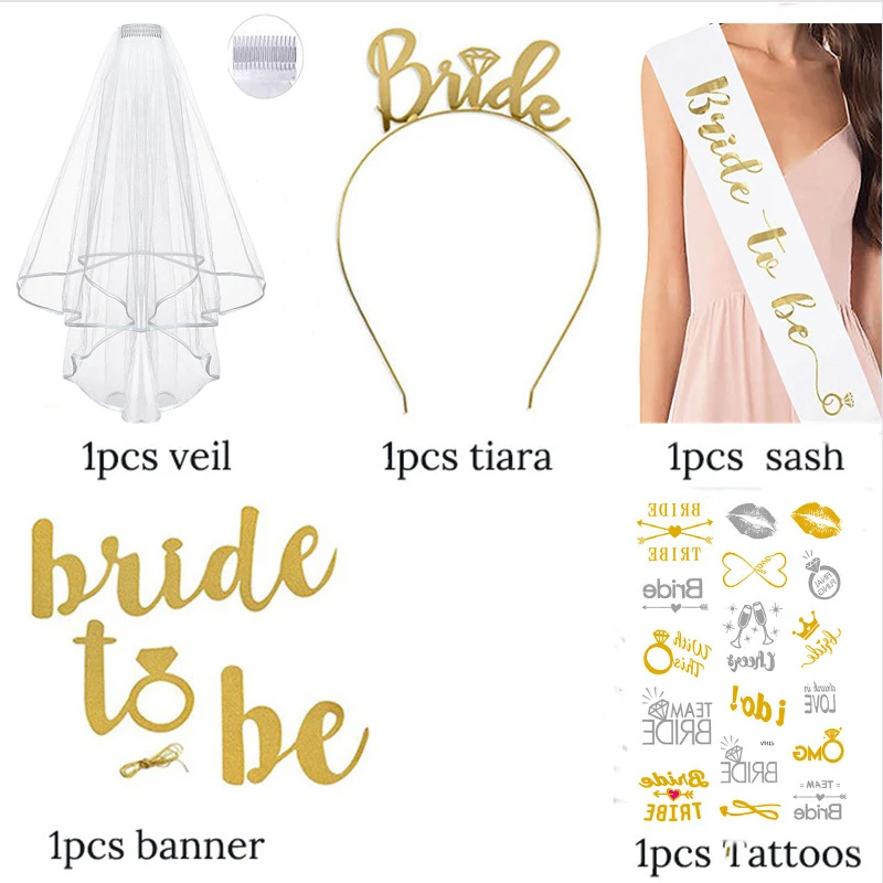 

Bride To Be Satin Ribbon Sash Veil Tiara Crown Banner Tattoo Sticker Set for Wedding Party Bridal Shower Hen Party Decoration