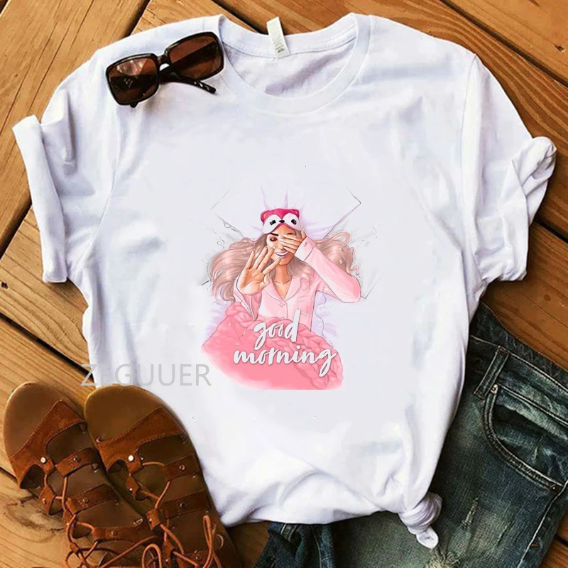 

Summer Tees Good Morning Sweet Girl Illustration T-shirt Female 100% Cotton White Soft Women T-Shirt Hipster Streetwear Tops