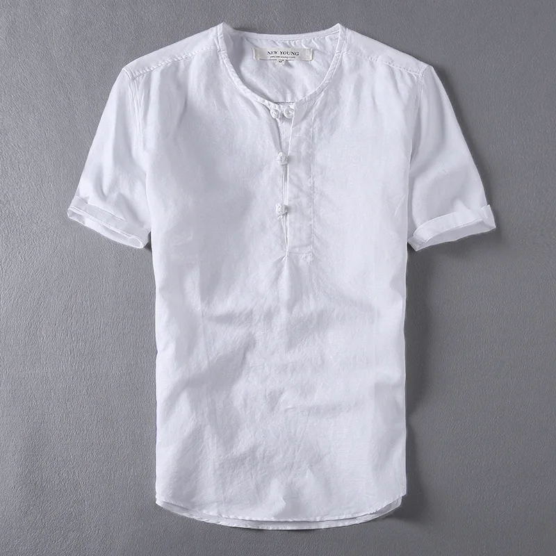 Мужская Летняя льняная рубашка с круглым воротником и коротким рукавом, однотонная белая рубашка из пеньки, приталенная китайская мужская сорочка, Homme, XXXL, 4XL
