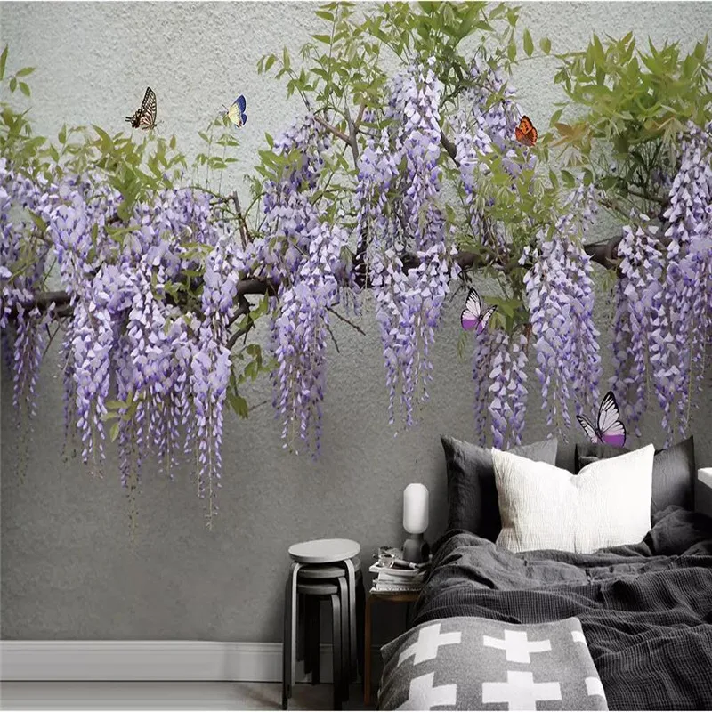 3D Глициния Цветок бабочка ТВ диван стены профессиональное изготовление росписи на заказ фото обои