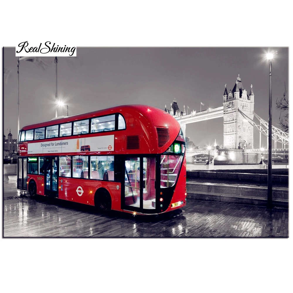 

REALSHINING Crystal Mosaic Painting Rhinestones Full Diamond Embroidery Red London Bus DIY square Diamond Paint Cross Stitch D11