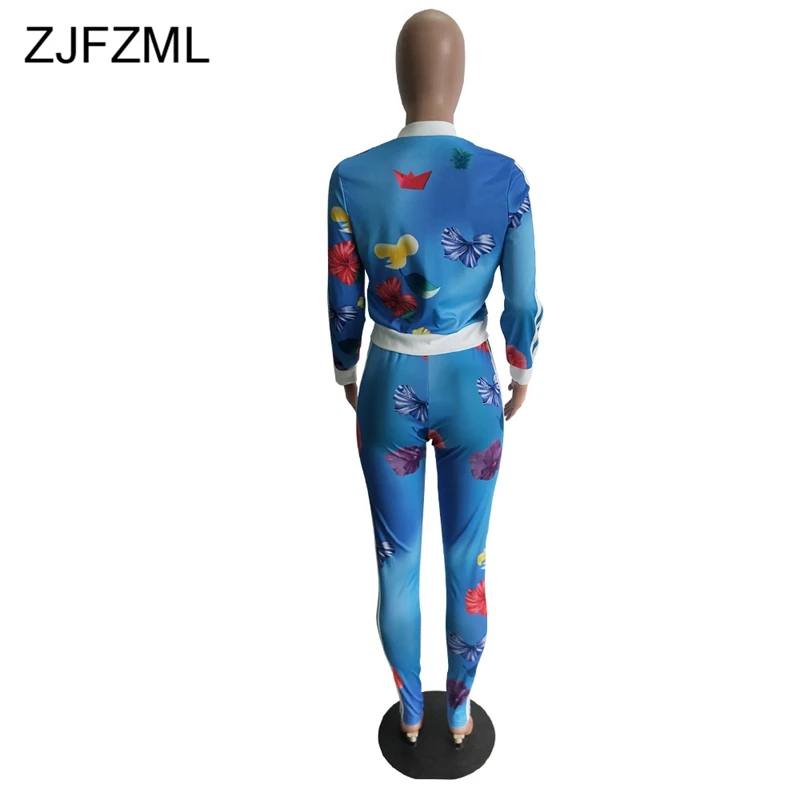 ZJFZML размера плюс, сексуальный комплект из 2 предметов, осенние наряды с принтом, куртка с длинным рукавом на молнии спереди+ обтягивающие штаны, повседневные спортивные костюмы