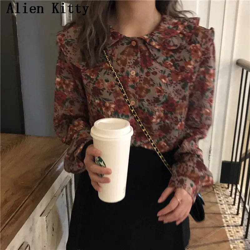 

Alien Kitty Spring Double -Layers Print Single Breasted 2019 Elegant Female Sweet Long Sleeves Simple Fresh Casual Loose Shirt