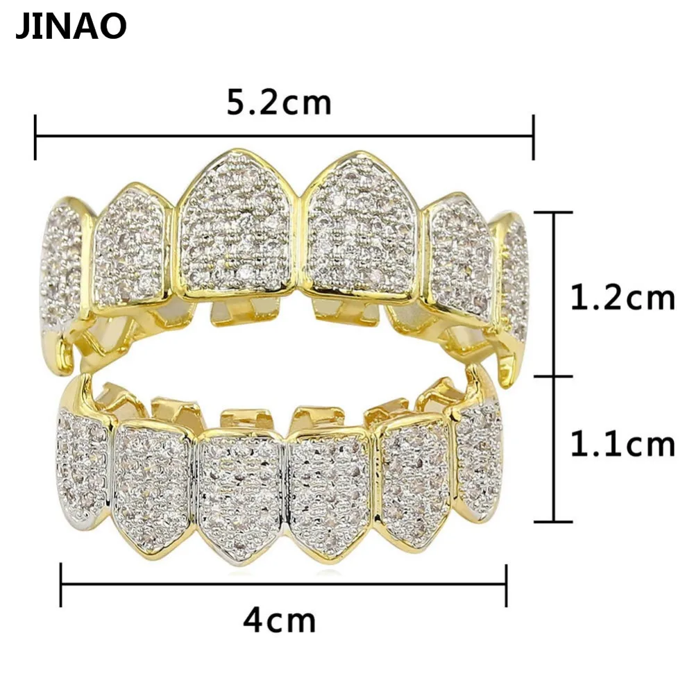 JINAO хип хоп ЗУБЫ Grillz GOLD Цвет & посеребренные Micro Pave CZ Золотой Клык верхней и нижней