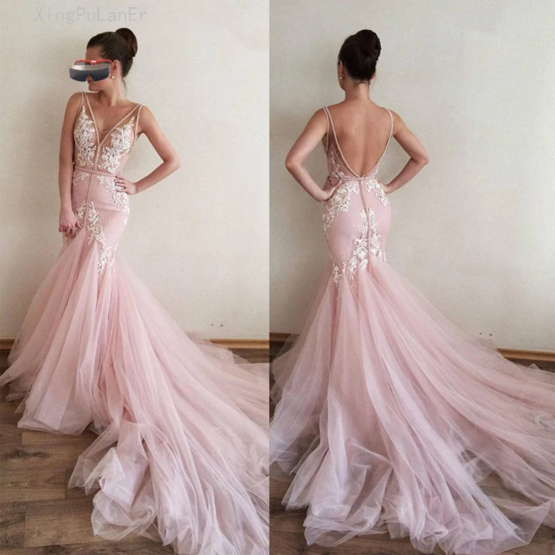 

Mermaid V-neck Pink Muslim Evening Dresses 2019 Tulle Lace Appliques Backless Islamic Dubai Saudi Arabic Long Evening Gown Prom