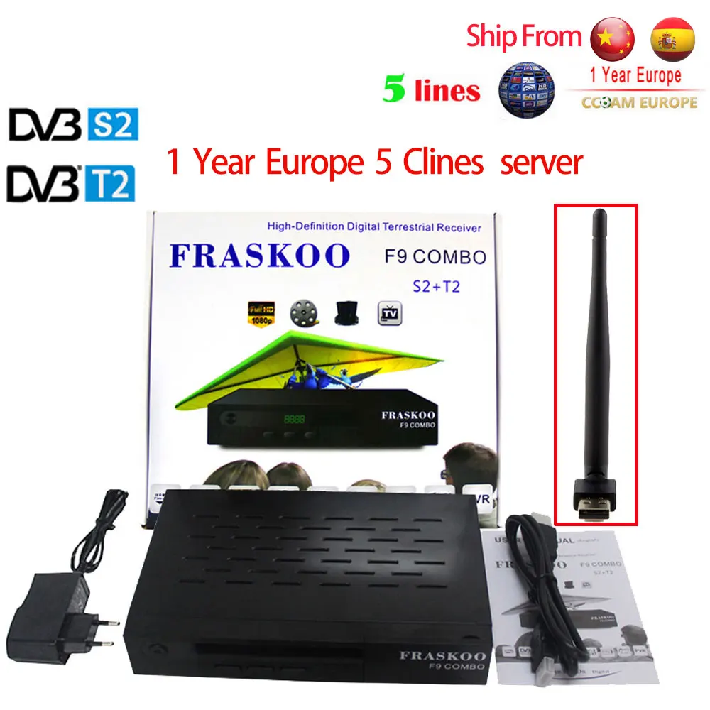 

Fraskoo F9 COMBO Receptor DVB-S2/S DVB-T2/T HD FTA Satellite Receiver Decoder TV Tuner +Europe Clines Free TV 1080P+USB Wifi