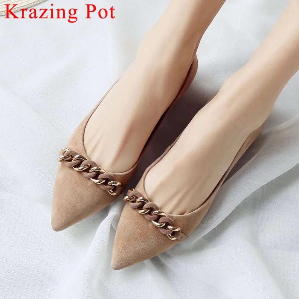 

2019 new arrival metal decoration slip on pointed toe kid suede pregnant woman shoes low heels movie stars leisure pumps L01