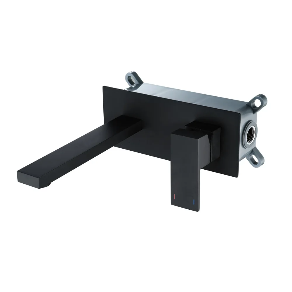 Square Black Brass Basin Sink Faucet Single With Embedded Box Handle Mixer Tap Wall Mounted Bathroom Sink Faucets Hot Cold Taps Square Black Brass Basin Sink Faucet Single With Embedded Box Handle Mixer Tap Wall Mounted Bathroom Sink Faucets Hot Cold Taps