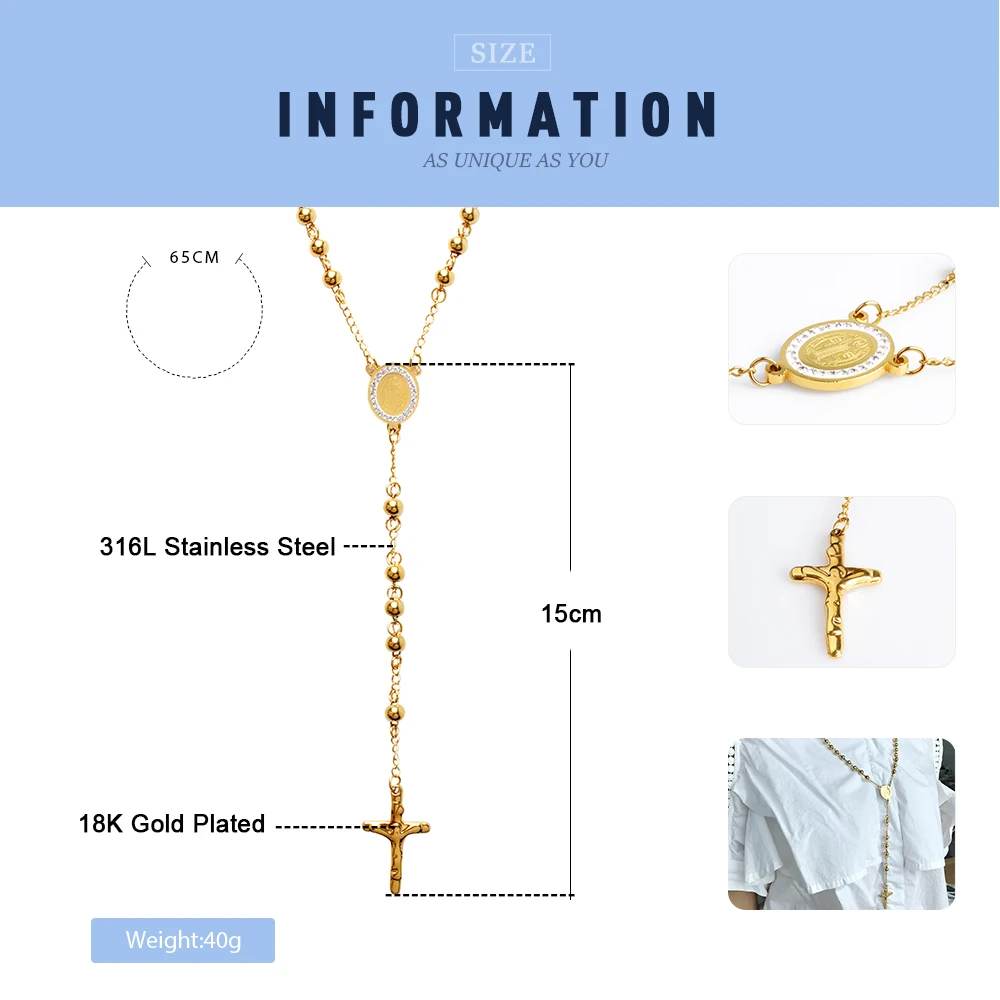 2018 New FINE4U N052 Cross Pendant Necklace For Men Women 316L Stainless Steel Rosary Beads Necklace Religious Jewelry