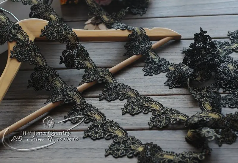 

5cm wide-(2yards/lot) DIY Lace Accessories Black + Golden Venise Lace Trim Water Soluble Lace Ribbon Garment Decoration
