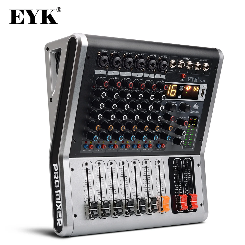 EYK EA60 6 каналов микшерный пульт с выключателем звука и PFL Bluetooth запись 3 группы 16 DSP Эффект Профессиональный USB аудио микшер