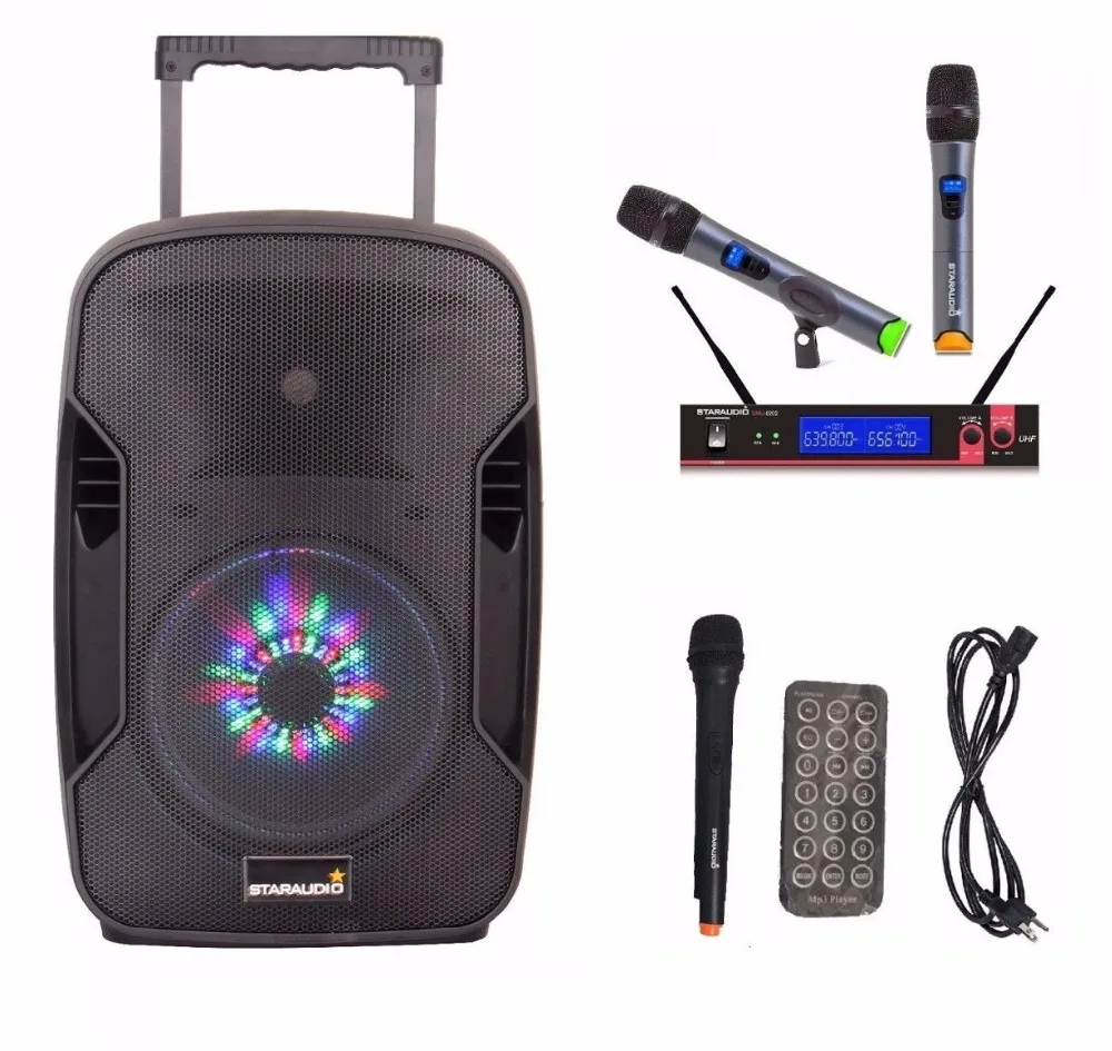 

STARAUDIO SBM-10RGB 10" 1500W Pro PA DJ Active Recharge Battery Stage Club BT Speaker W/ LED Light 2CH Wireless Mic
