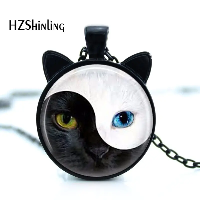 

CN-00837 2017 New YIN YANG Cat Necklace Cat Face Pendant Jewelry Cat Ear Pendant Round Glass Necklace HZ2