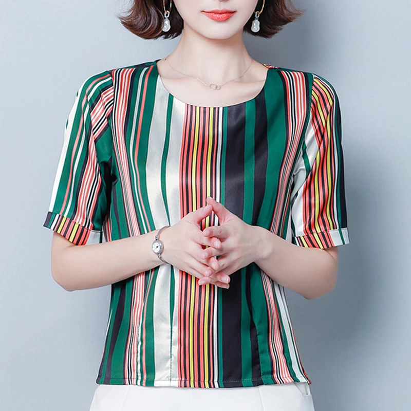 Korean Fashion Womens Tops and Blouses Silk Women Blouse Striped Women Short Sleeve Shirts Plus Size XXXL/4XL Ladies Tops - 33000153519